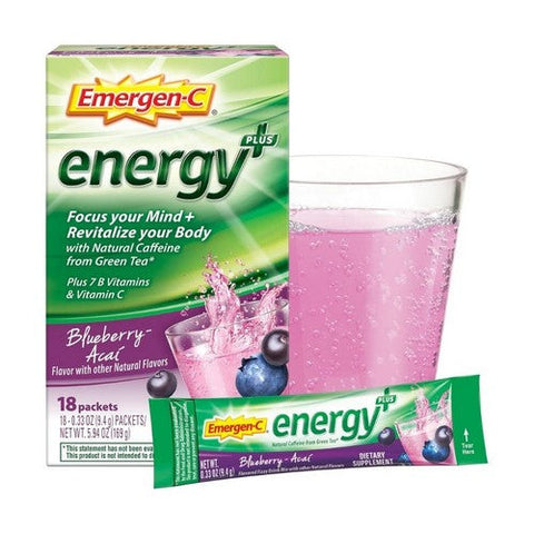 Emergen-C, Energy Plus Fizzy Drink Mix Packets Blueberry Acai, 18 Count Emergen-C
