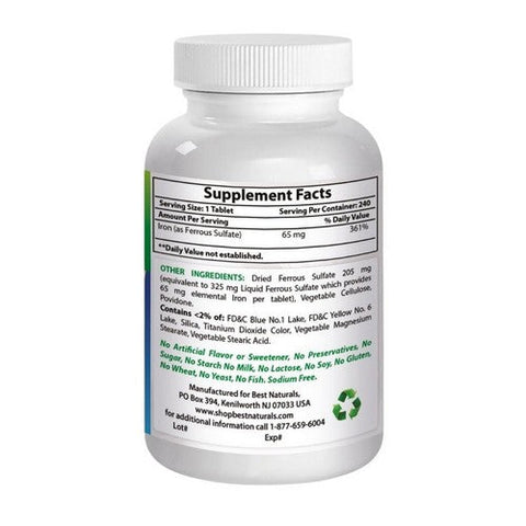 Best Naturals, Iron Ferrous Sulfate, 65 Mg, 240 Tabs Best Naturals