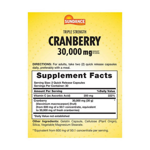 Sundance, Triple Strength Cranberry + Vitamin C, 30,000 Mg, 60 Caps Sundance