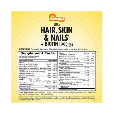 Sundance, Ultra Hair Skin And Nails + Biotin, 5000 Mcg, 60 Tabs Sundance