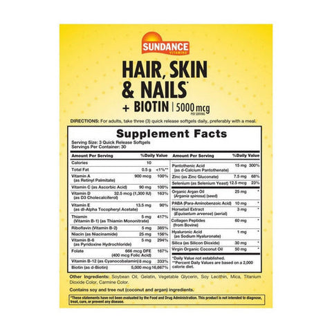 Sundance, Hair Skin And Nails Plus Biotin Quick Release Softgels, 5000 Mcg, 90 Tabs Sundance