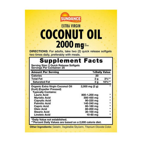 Sundance, Organic Extra Virgin Coconut Oil, 2000 Mg, 50 Softgels Sundance