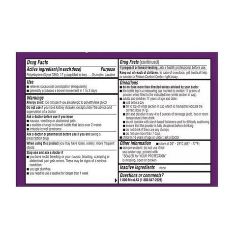 Miralax, Polyethylene Glycol 3350 Osmotic Laxative Mix-In Pax Powder Unflavored, 20 Each