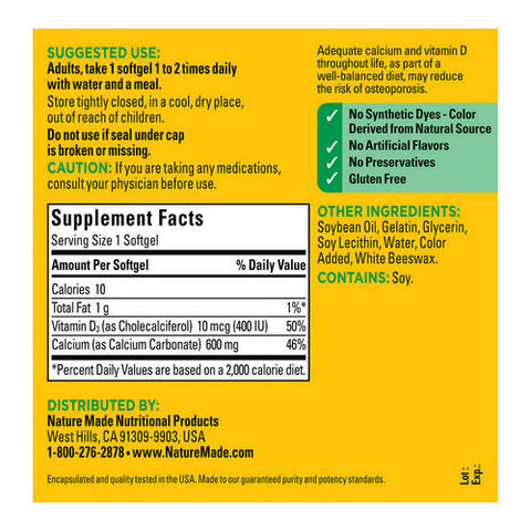 Nature Made, Calcium With Vitamin D3, 600 Mg, 100 Softgels Nature Made