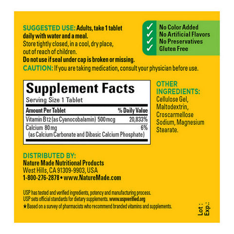 Nature Made, Vitamin B-12, 500mcg, 100 Tabs Nature Made