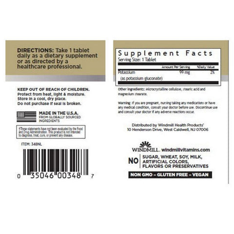 Windmill Health, Potassium As Gluconate, 99mg, 100 Tabs Windmill Health
