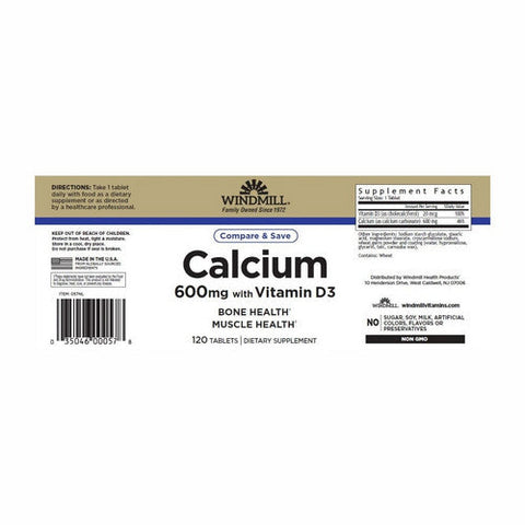 Windmill Health, Calcium With Vitamin D3, 600 Mg, 120 Tabs Windmill Health