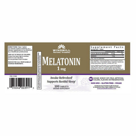 Windmill Health, Melatonin, 1mg, 100 Tabs Windmill Health