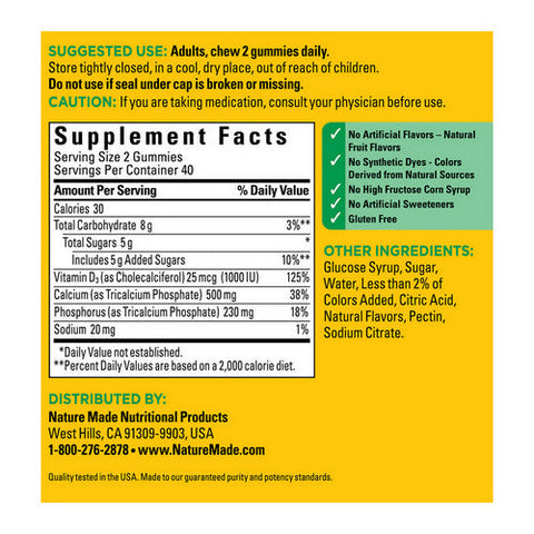 Nature Made, Calcium With Vitamin D3 Gummies Cherry Orange And Strawberry, 250 mg, 80 Gummies Nature Made