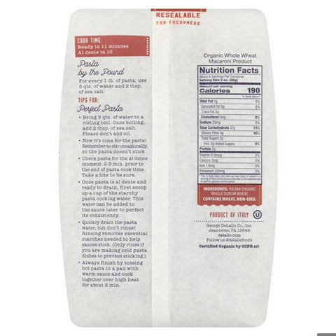 Delallo, Organic Whole Wheat Pasta Fusilli No 27, 16 Oz (Case of 8) Delallo