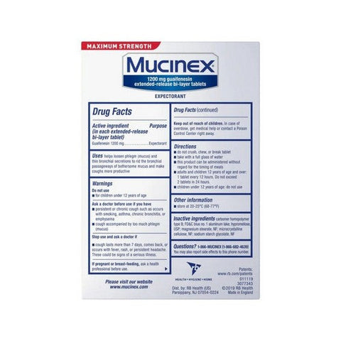 Mucinex, Expectorant 12 Hour Extended Release Bi-Layer Tablets Maximum Strength, 42 Tabs Mucinex