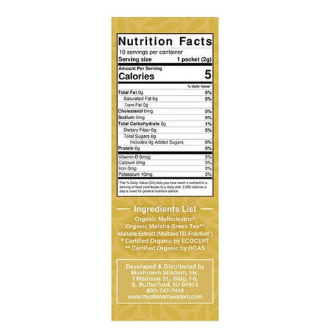 Maitake Mushroom Wisdom, Matcha Maitake D-Fraction Extract Sticks, 10 Count Maitake Mushroom Wisdom