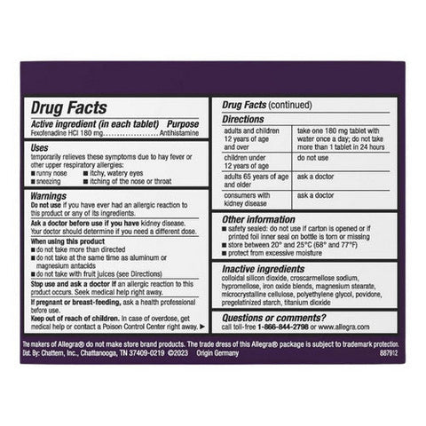 Allegra, 24 Hour Allergy Relief Fexofenadine Hydrochloride, 70 Tabs Allegra