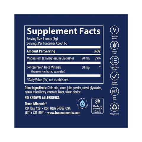 Trace Minerals, Magnesium Glycinate Powder Mixed Berry Lemonade, 120 mg, 180 Grams Trace Minerals