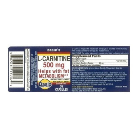 Basic Vitamins, L-Caranitine, 500 Mg, 36 Capsules Basic Vitamins