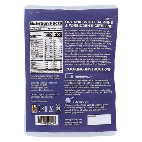 Lotus Foods, Organic White Jasmine And Forbidden Blend Heat And Eat Rice Pouch, 7 Oz Lotus Foods