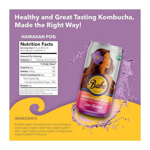 Babe Kombucha, Organic Hawaiian Pog Passion Fruit Orange Guava Flavor Can, 16 Oz (Case Of 12) Babe Kombucha