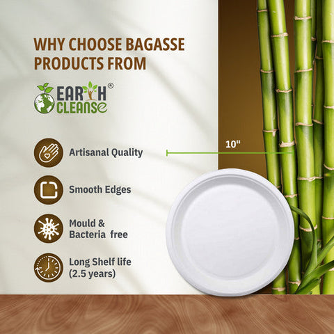 10" Round Bagasse Plates Premium 750 Pack by Earth Cleanse Earth Cleanse