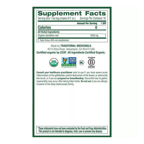 Traditional Medicinals, Organic Roasted Dandelion Root Caffeine Free, 16 Tea Bags Traditional Medicinals