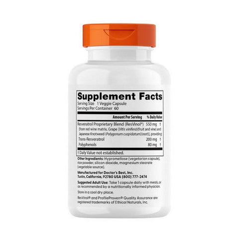 Doctors Best, Trans-Resveratrol 200  With Resvinol, 200 Mg, 60 Veggie Caps Doctors Best