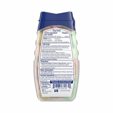 Tums, Calcium Carbonate Antacid Chewable Assorted Fruit, 72 Tabs Tums